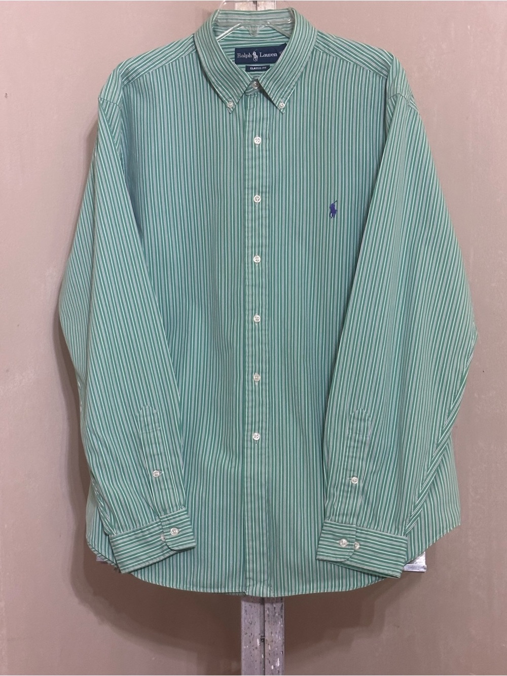 Ralph Lauren Green & White Striped Button-Down Shirt with Polo Logo 171/2 XL